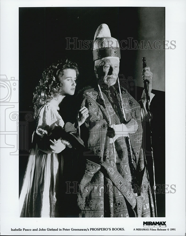 1991 Press Photo John Gielgud and Isabelle Pasco in the film Prospero's Books - Historic Images