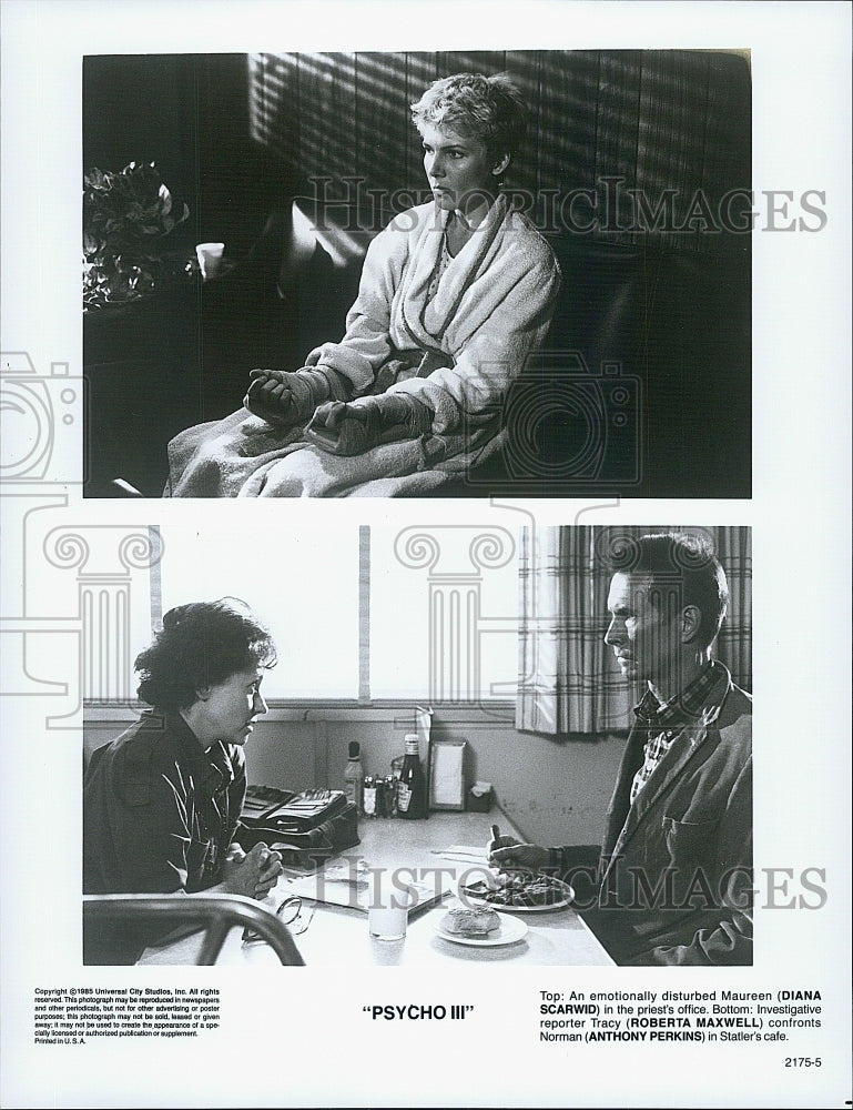 1986 Press Photo Diana Scarwid, Roberta Maxwell, Anthony Perkins &quot;Psycho III&quot; - Historic Images