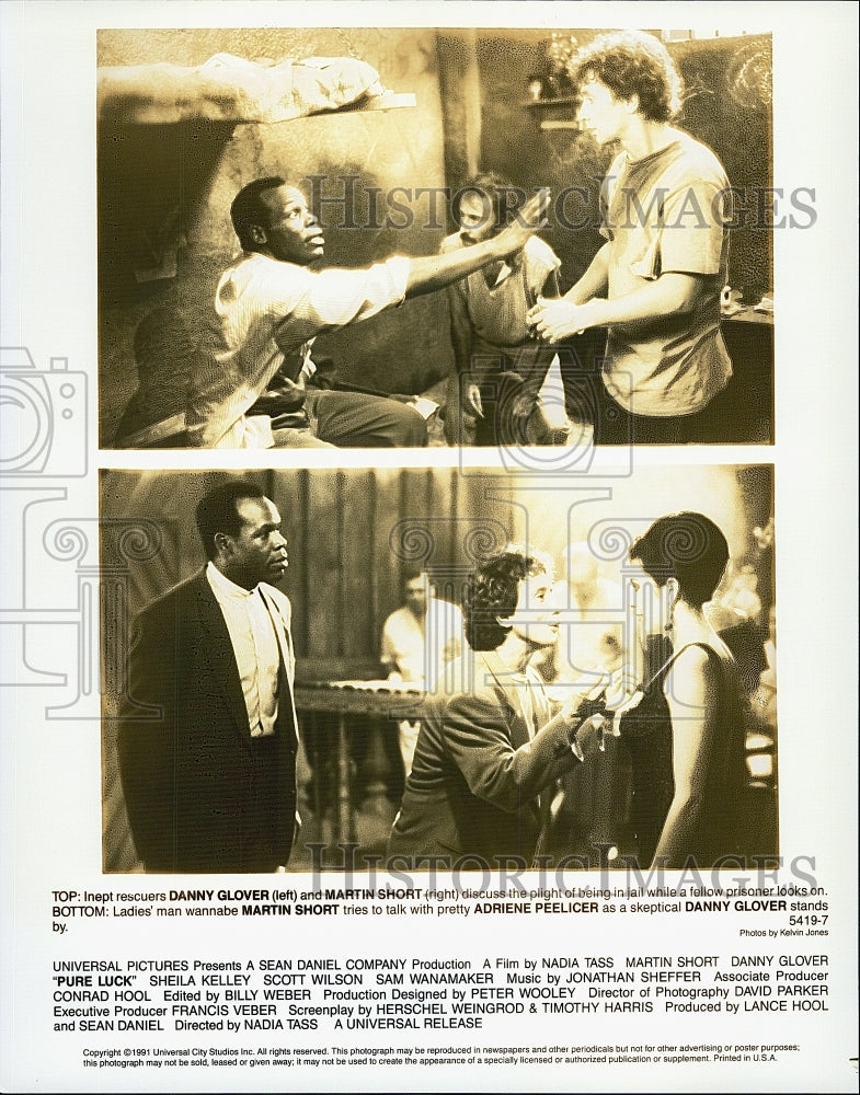 1991 Press Photo Danny Glover, Martin Short, Adriene Peelicer in "Pure Luck" - Historic Images