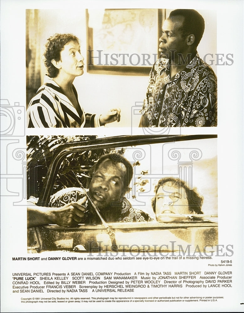 1991 Press Photo Actor Martin Short, Danny Glover in "Pure Luck" Film - Historic Images