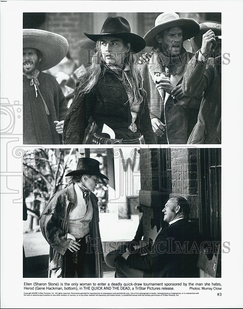 1995 Press Photo Sharon Stone And Gene Hackman In Movie &quot;The Quick And The Dead&quot; - Historic Images