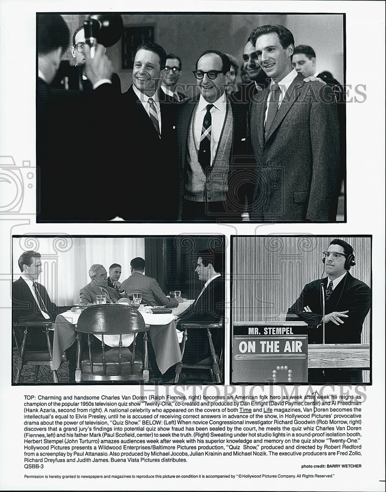 1994 Press Photo Ralph Fiennes, Rob Morrow And David Paymer In Movie &quot;Quiz Show&quot; - Historic Images