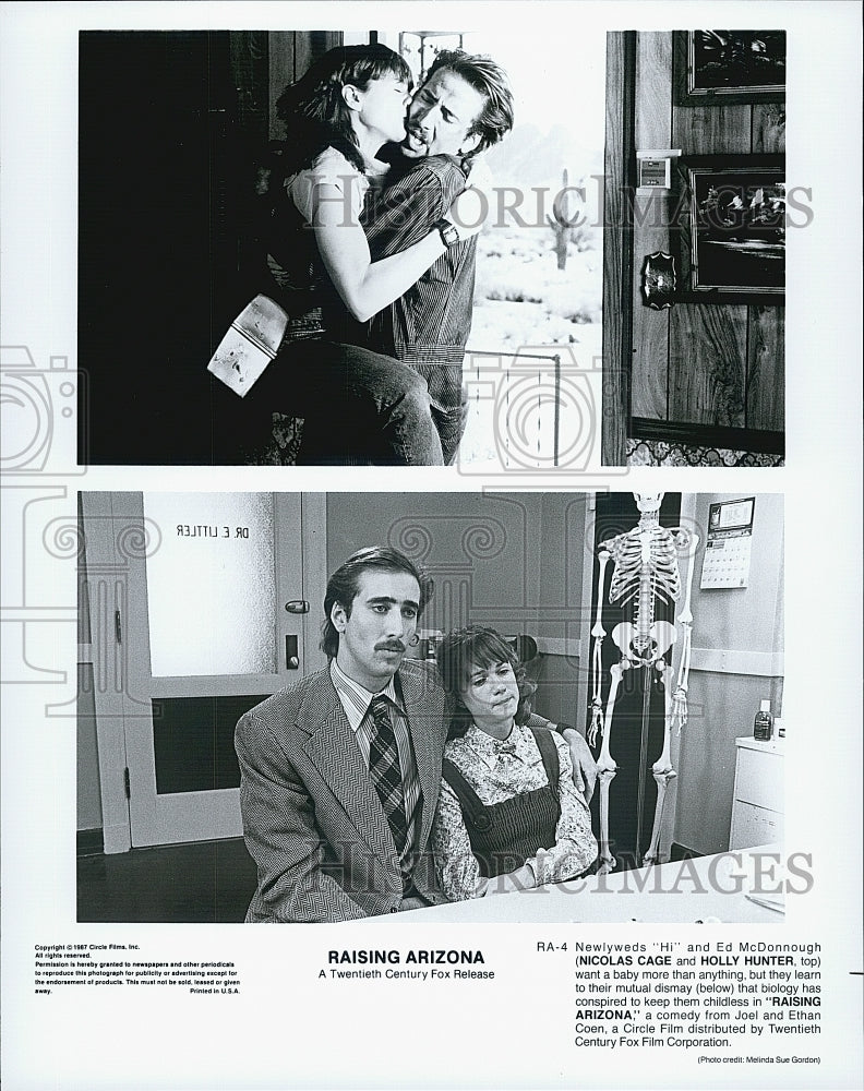 1987 Press Photo Nicolas Cage and Holly Hunter in "Raising Arizona" - Historic Images