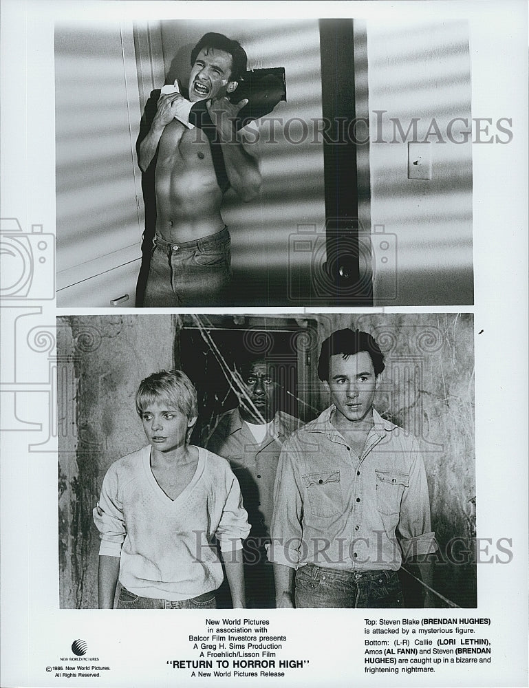 1986 Press Photo Brenden Hughes Lori Lethin Al Fann  &quot;Return to Horror High&quot; - Historic Images