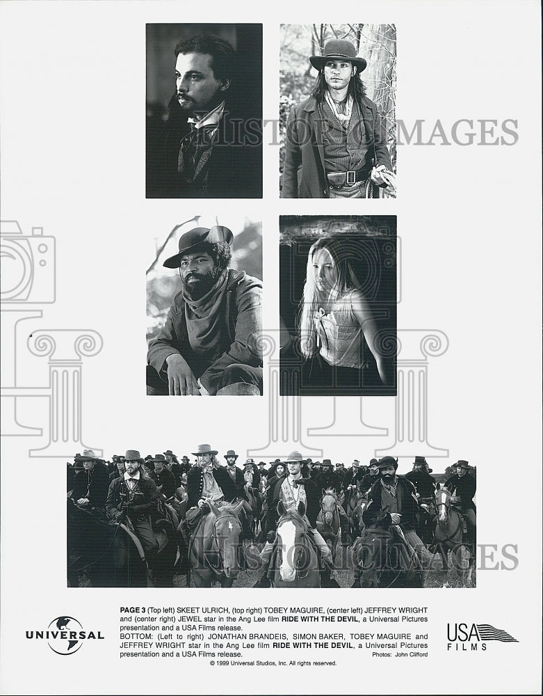 1999 Press Photo S. Ulrich, Tobey Maguire, Jewel in "Ride with the Devil" - Historic Images