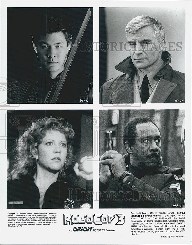 1993 Press Photo Bruce Locke, John Castle and Nancy Allen in "Robocop 3" - Historic Images