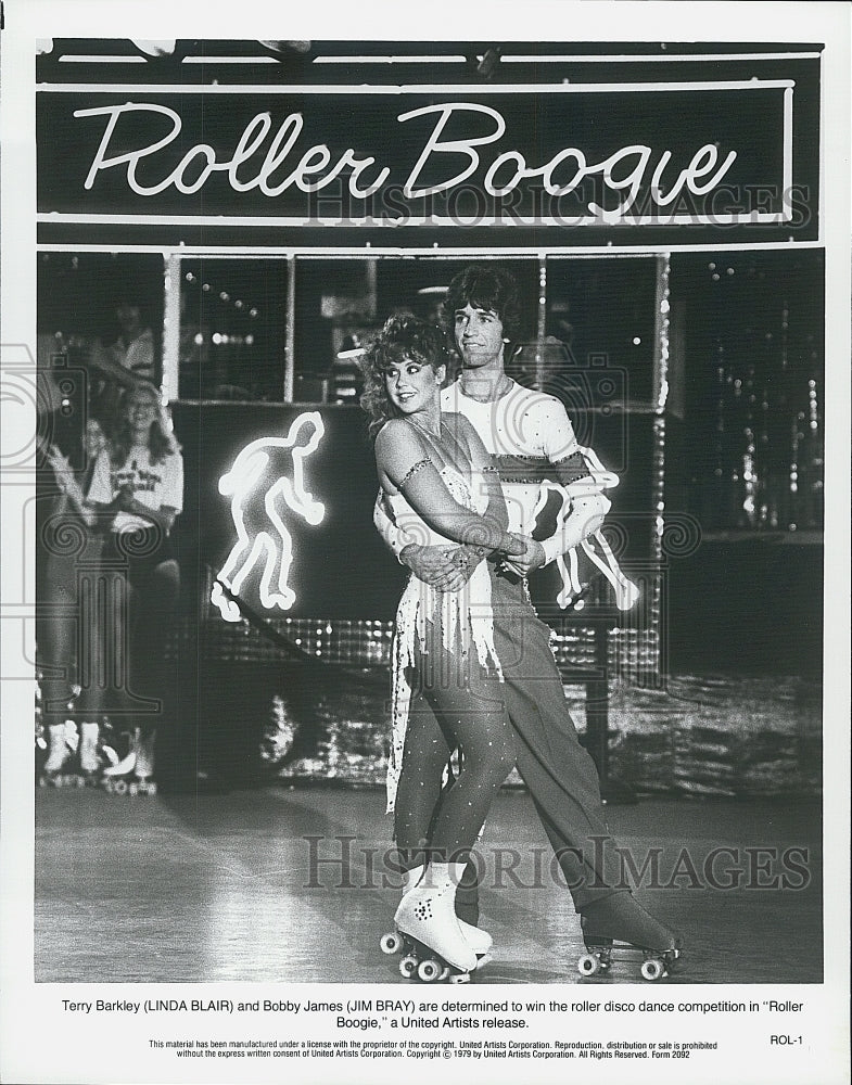 1979 Press Photo Actress Linda Blair, Jim Bray in "Roller Boogie" Film - Historic Images