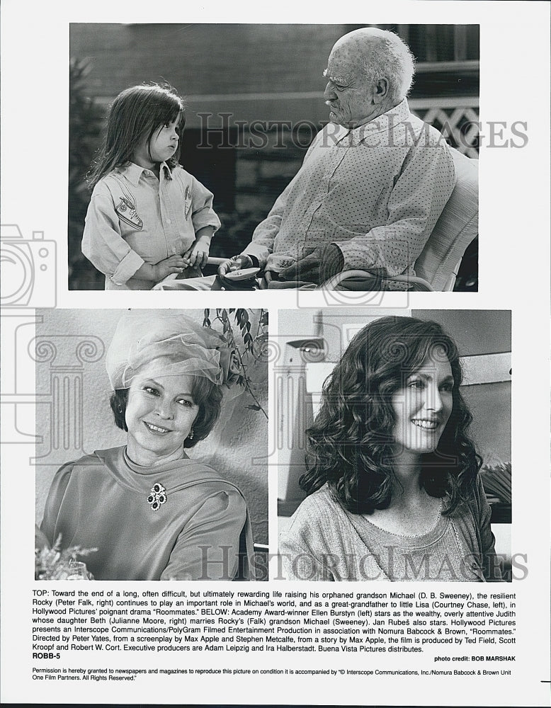1995 Press Photo Actor Peter Falk, Ellen Burstyn, Julianne Moore in "Roommates" - Historic Images