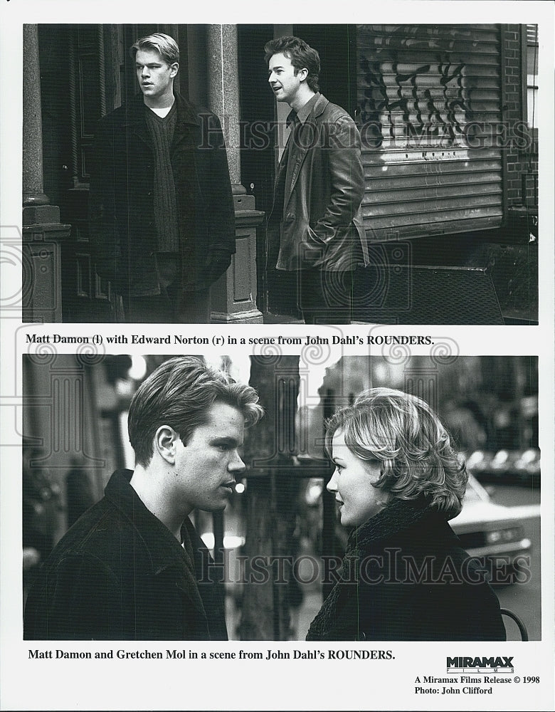 1998 Press Photo Actor Matt Damon, Edward Norton, Gretchen Mol in "Rounders" - Historic Images