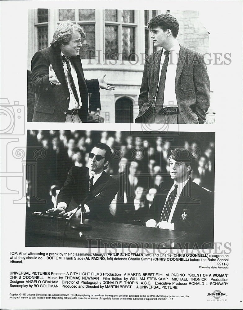 1992 Press Photo Al Pacino, Chris O'Donnell & Philip Hoffman in Scent of a Woman - Historic Images