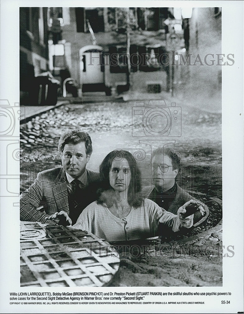 1989 Press Photo John Larroquette, Bronson Pinchot &amp; Stuart Pankin -Second Sight - Historic Images