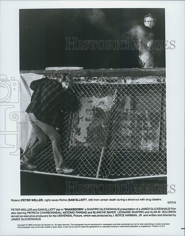 1988 Press Photo Peter Weller and Sam Elliott in "Shakedown" - Historic Images