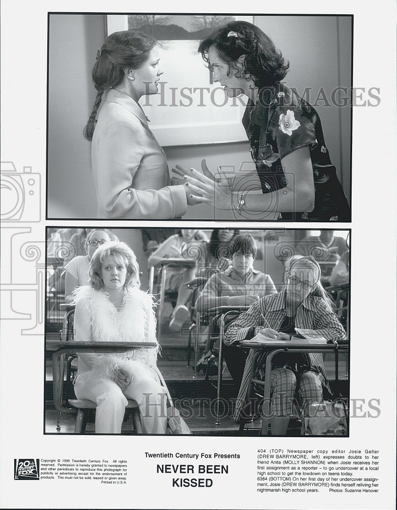 1999 Press Photo Drew Barrymore and Molly Shannon in "Never Been Kissed" - Historic Images