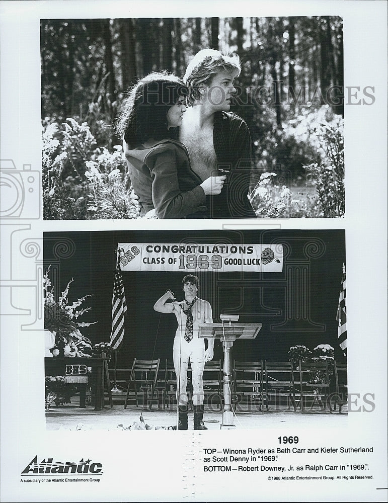 1988 Press Photo Winona Ryder, Kiefer Sutherland and Robert Downey in "1969" - Historic Images