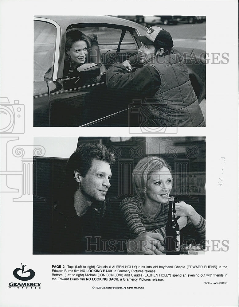 1998 Press Photo Lauren Holly, Edward Burns &amp; Jon Bon Jovi in &quot;No Looking Back&quot; - Historic Images