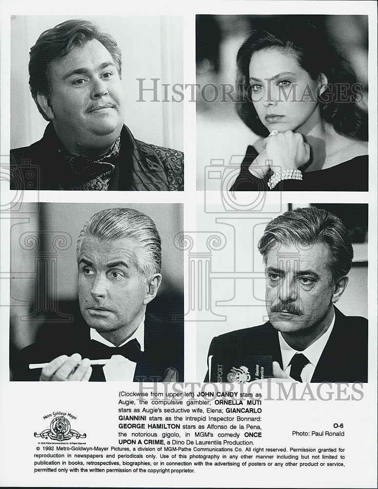 1992 Press Photo John Candy, Orneall Muti, George Hamilton, &quot;Once Upon A Crime&quot; - Historic Images