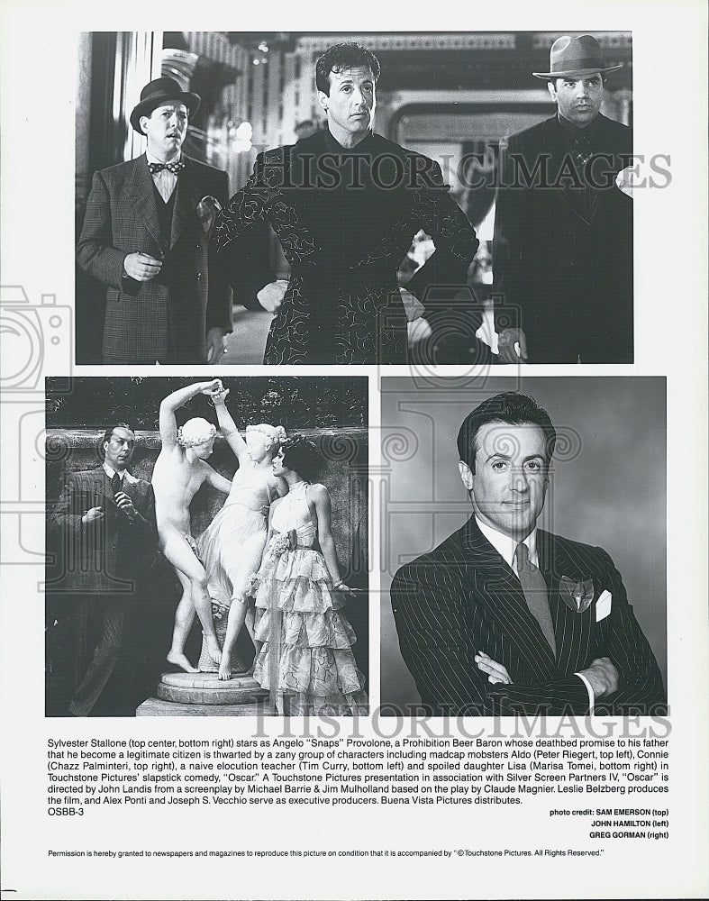 1991 Press Photo Sylvester Stallone Chaz Palminteri Tim Curry In "Oscar" - Historic Images