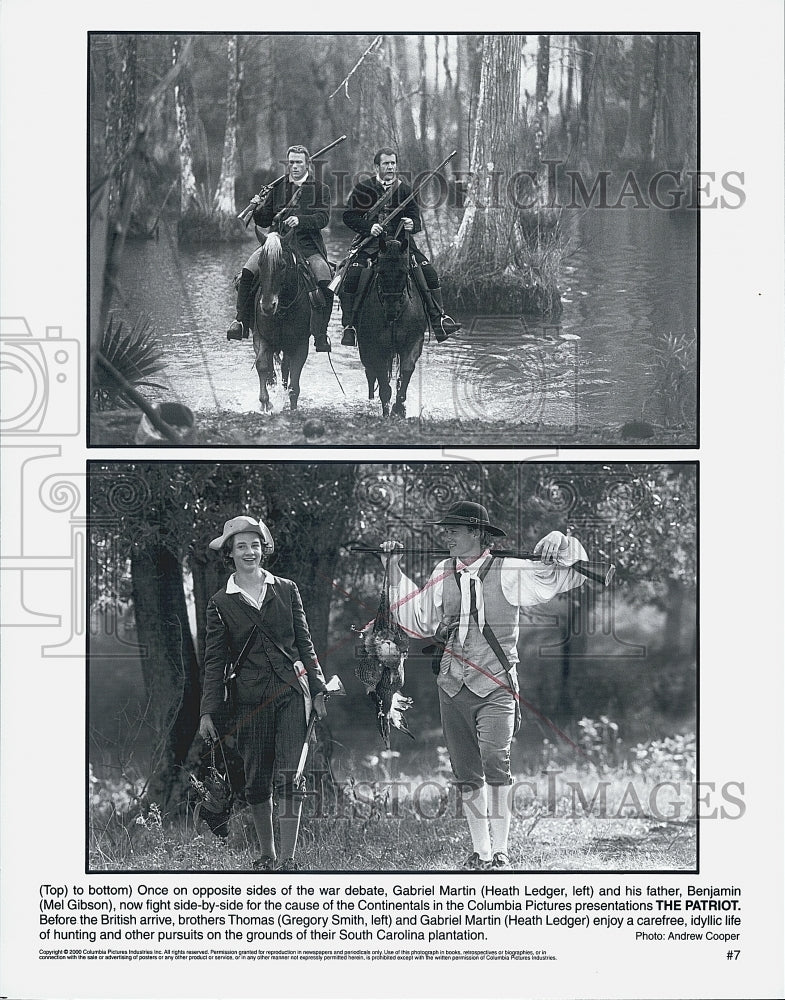 2000 Press Photo Heath Ledger, Mel Gibson and Gregory Smith in "The Patriots" - Historic Images