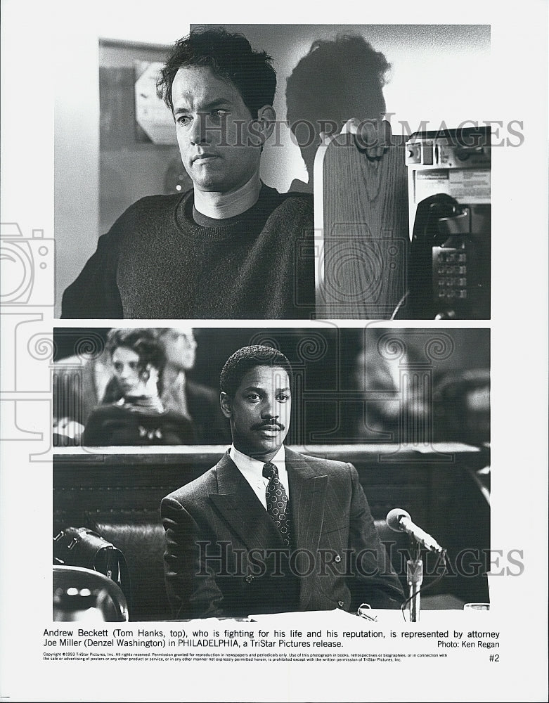 1993 Press Photo Tom Hanks Denzel Washington in &quot;Philadelphia&quot; Tri Star Release - Historic Images
