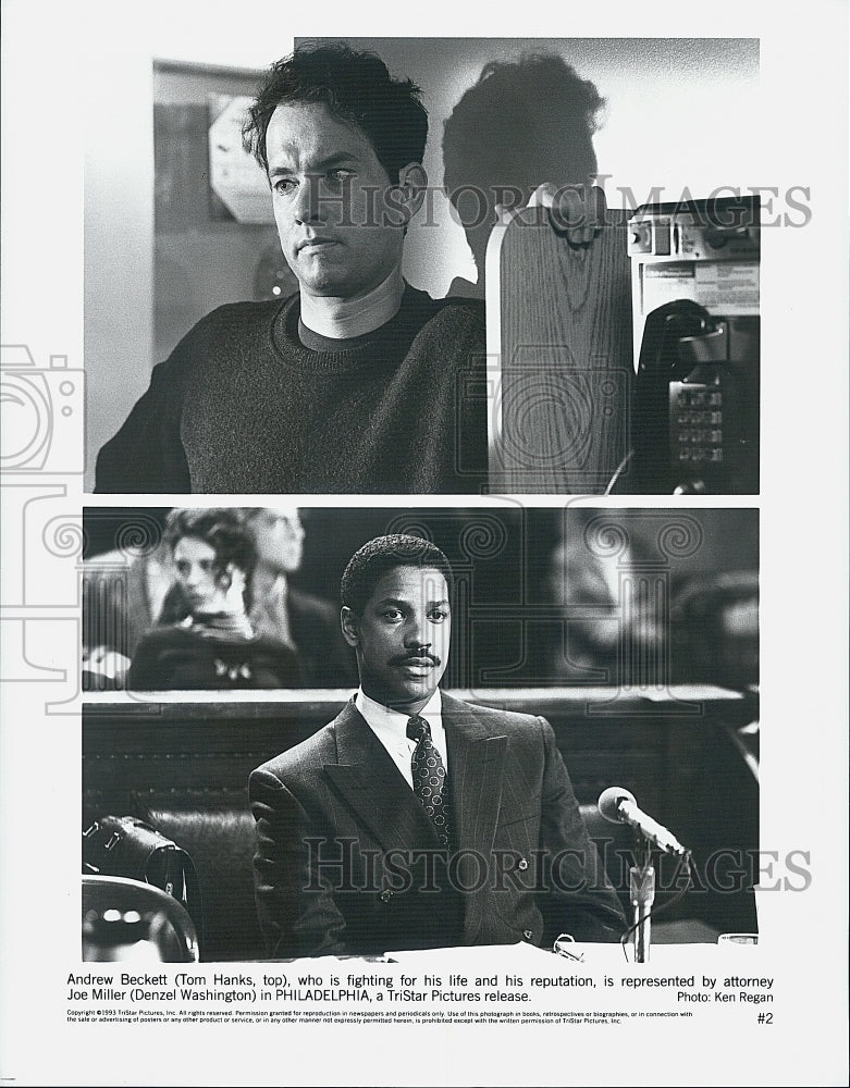 1993 Press Photo Tom Hanks Denzel Washington in "Philadelphia" Tri Star Release - Historic Images