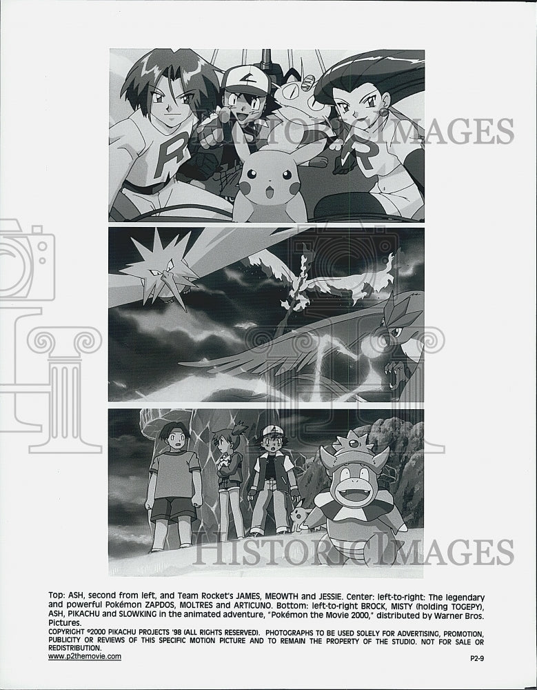 2000 Press Photo "Pokemon the Movie 2000" Ash, James, Meowth, Jessie, Zapdos - Historic Images