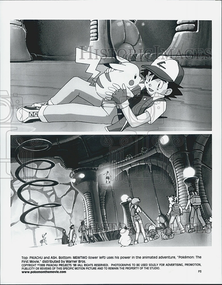 1999 Press Photo Pikachu, Ash and Mewtwo in "Pokemon: The First Movie" Film - Historic Images