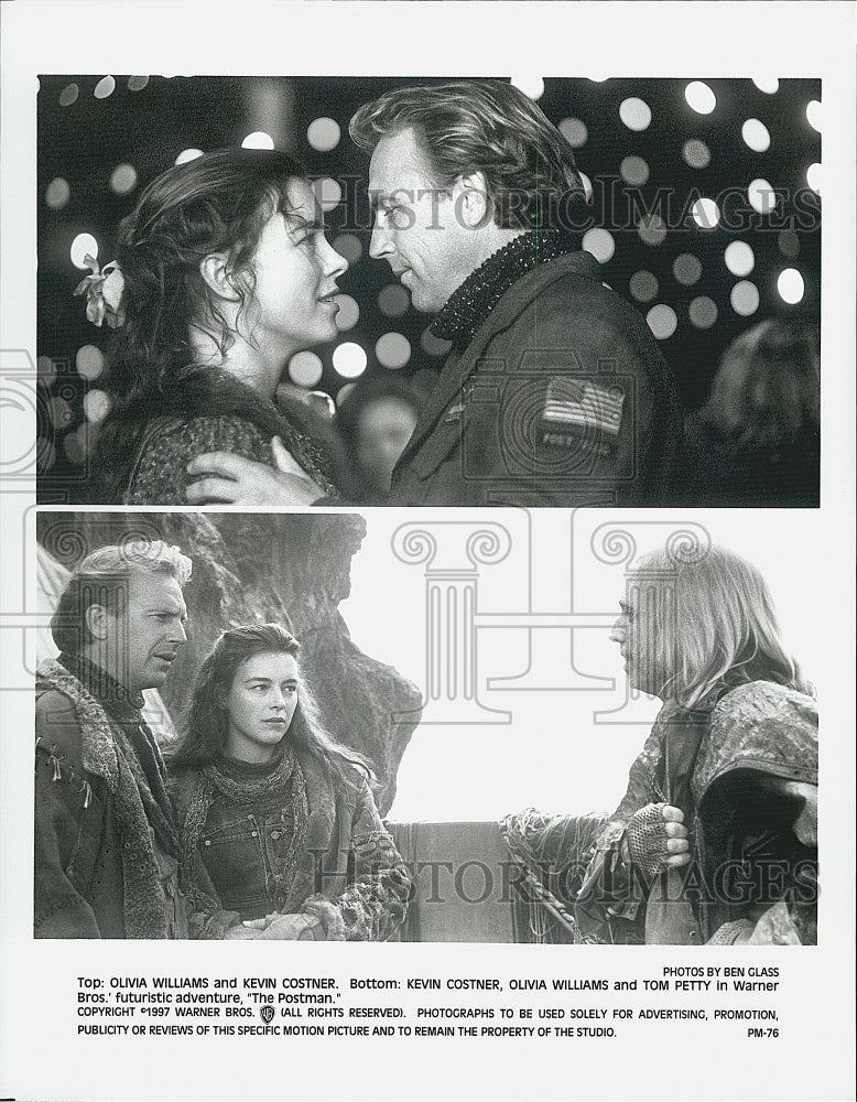 1997 Press Photo Olivia Williams Kevin Costner and Tom Petty in "The Postman" - Historic Images