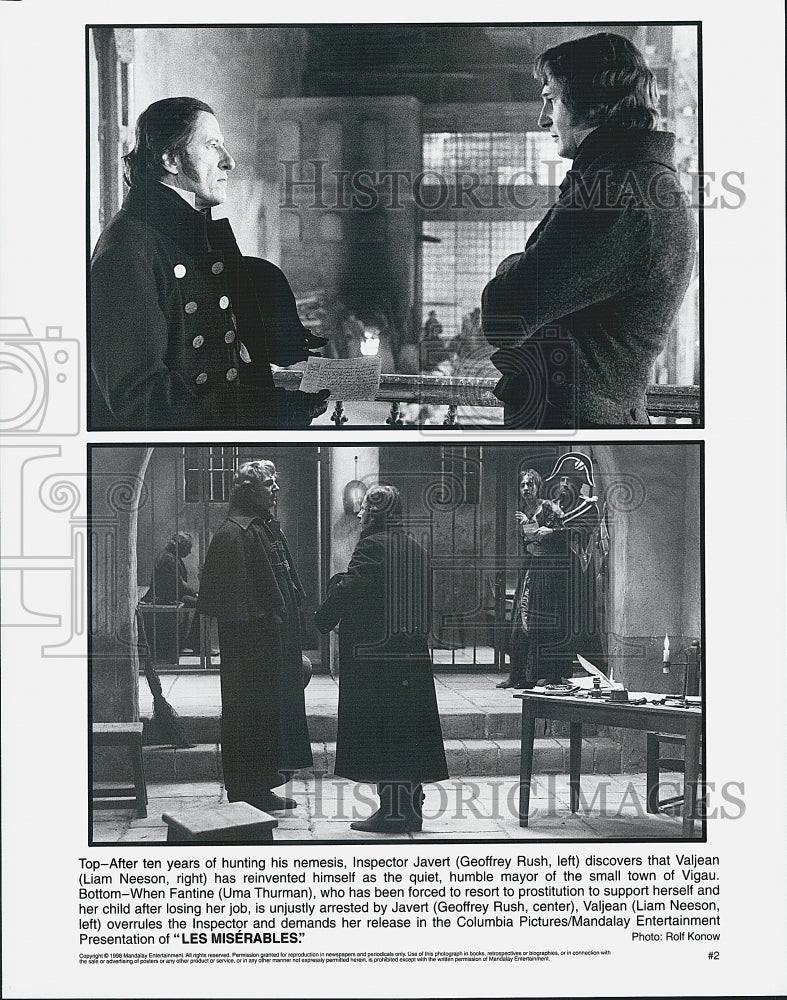 1998 Press Photo Geoffrey Rush Liam Neeson and Uma Thurman in "Les Miserables" - Historic Images