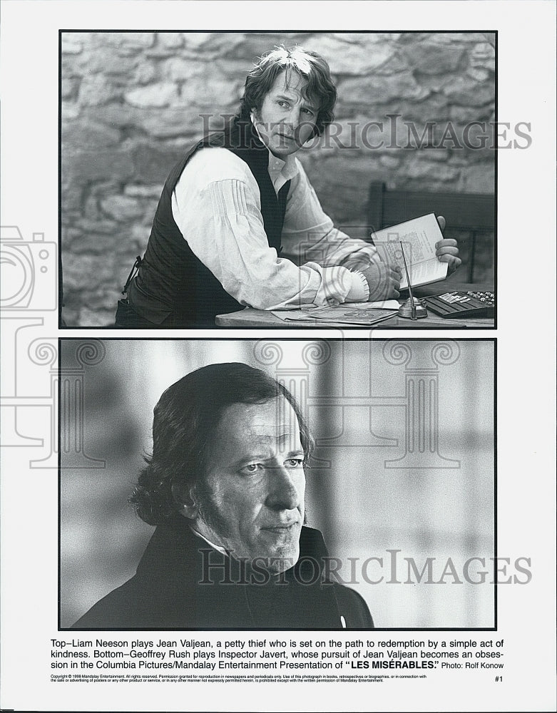 1998 Press Photo Liam Neeson and Geoffrey Rush in "Les Miserables" - Historic Images