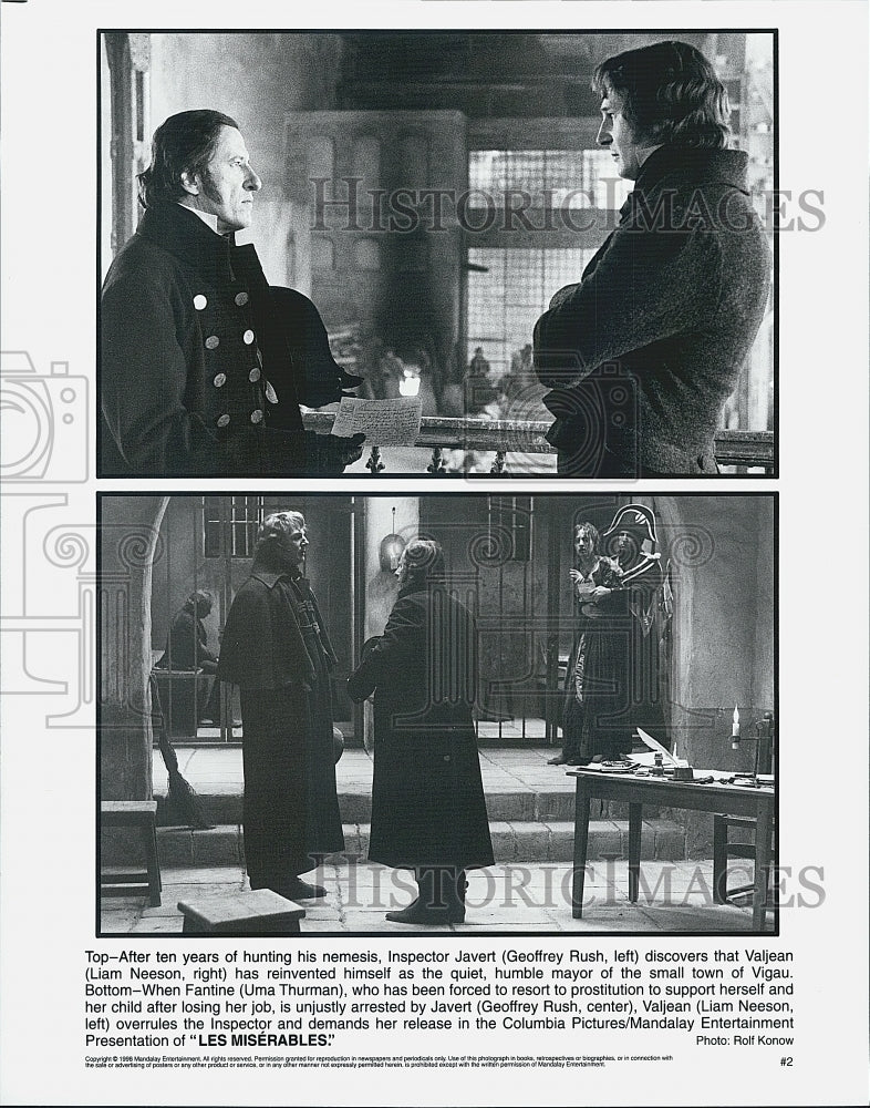 1998 Press Photo Geoffrey Rush Liam Neeson and Uma Thurman in &quot;Les Miserables&quot; - Historic Images