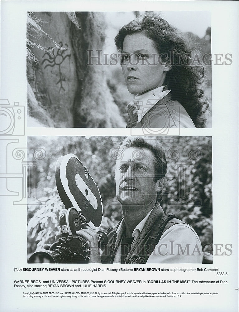 1988 Press Photo Sigourney Weaver and Bryan Brown in &quot;Gorillas in the Mist&quot; - Historic Images