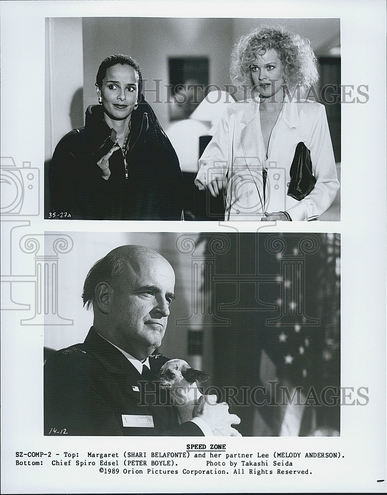 1989 Press Photo Shari Belafonte Melody Anderson Peter Boyle In Speed Zone - Historic Images