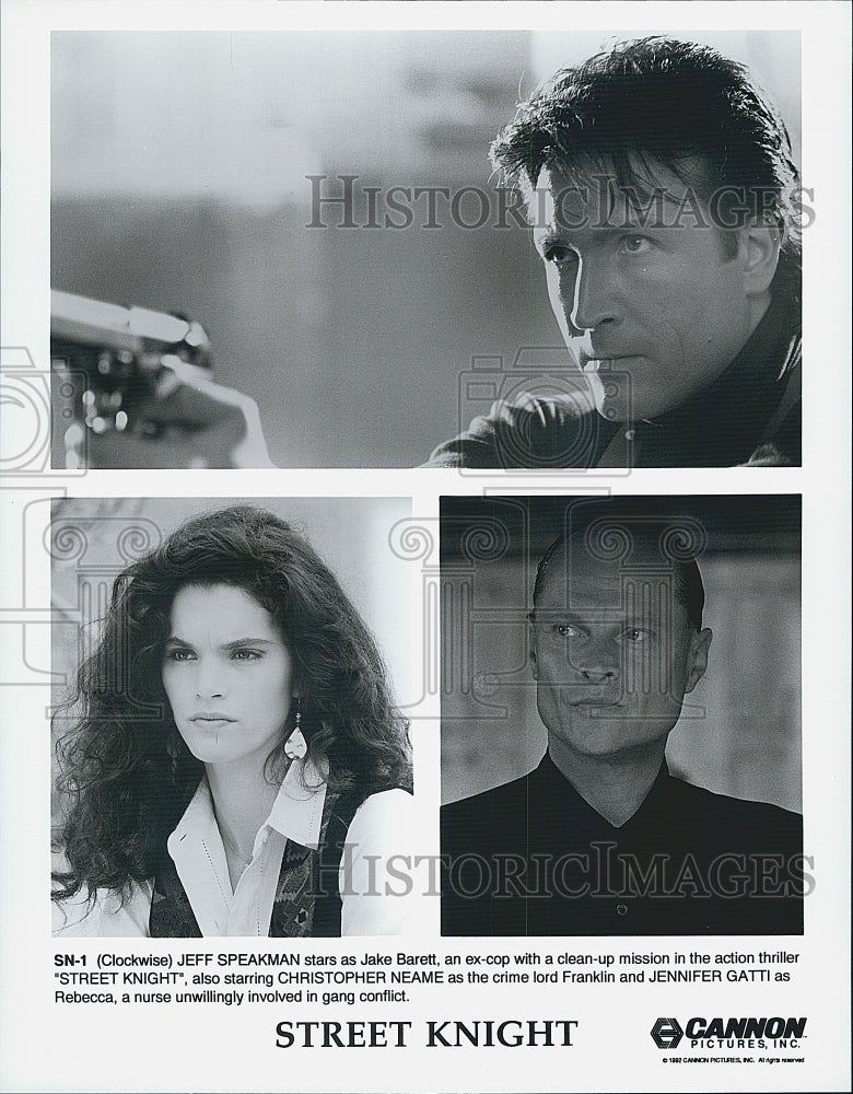 1993 Press Photo Jeff Speakman, Jennifer Gatti, C. Neame "Street Knight" - Historic Images