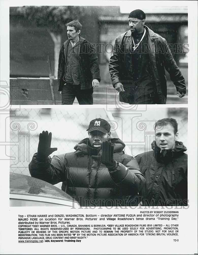 2001 Press Photo Ethan Hawke, Denzel Washington, Antoine Fugua &quot;Training Day&quot; - Historic Images