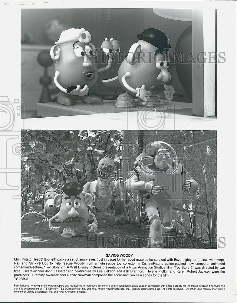 1999 Press Photo Mr. & Mrs. Potato Head, Buzz, Rex & Slinky Dog In "Toy Story 2" - Historic Images