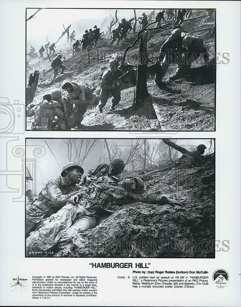 1987 Press Photo Actors Don Cheadle, Tim Quil, Daniel O'Shea In "Hamburger Hill" - Historic Images