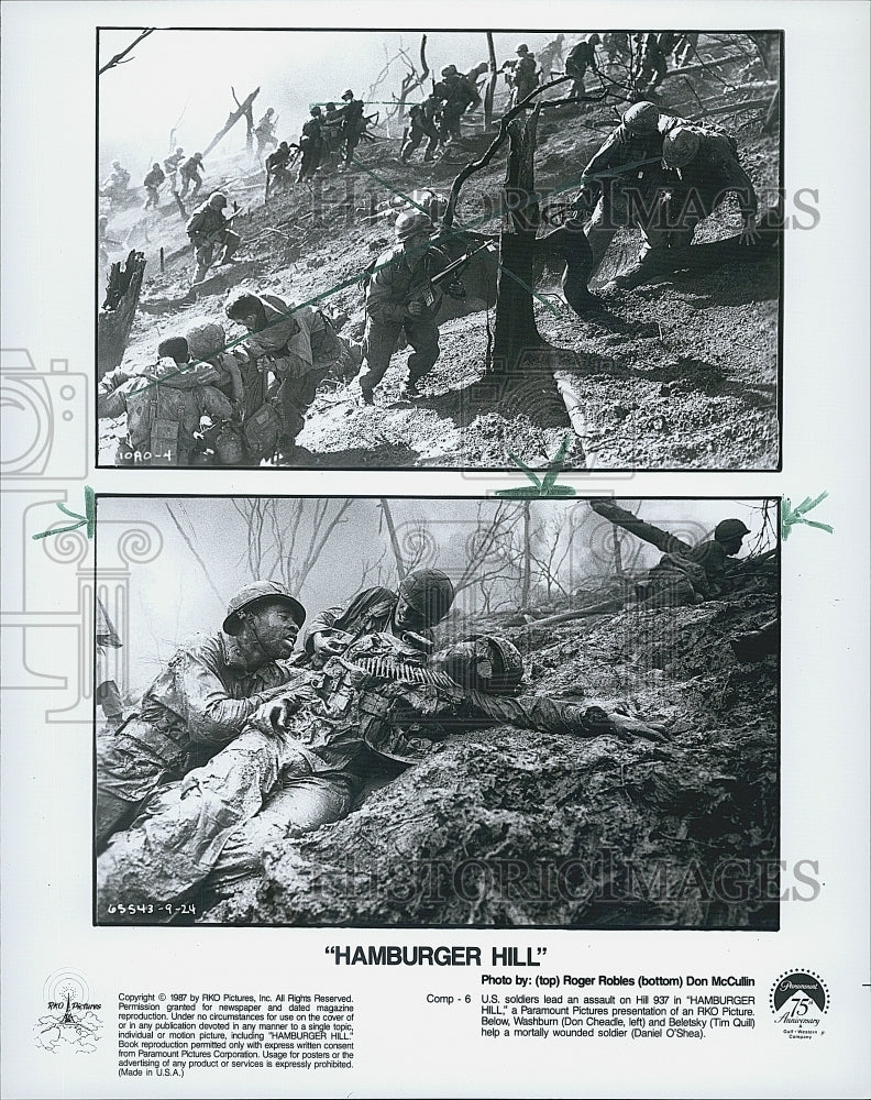 1987 Press Photo Tim Quil, Don Cheadle, Daniel O&#39;Shea In Film &quot;Hamburger Hill&quot; - Historic Images