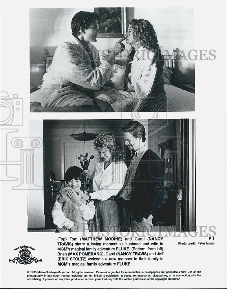 1995 Press Photo Actors Matthew Modine, Nancy Travis, Max Pomeranc In "Fluke" - Historic Images