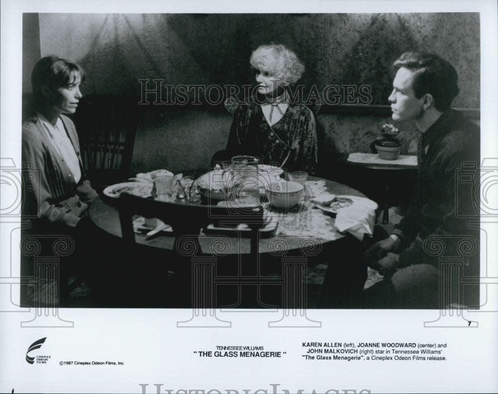 1987 Press Photo Karen Allen, Joanne Woodward, John Malkovich &quot;Glass Menagerie&quot; - Historic Images