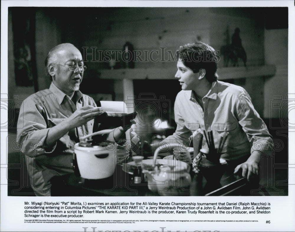 1989 Press Photo Actors Pat Morita And Ralph Macchio &quot;The Karate Kid, Part III&quot; - Historic Images