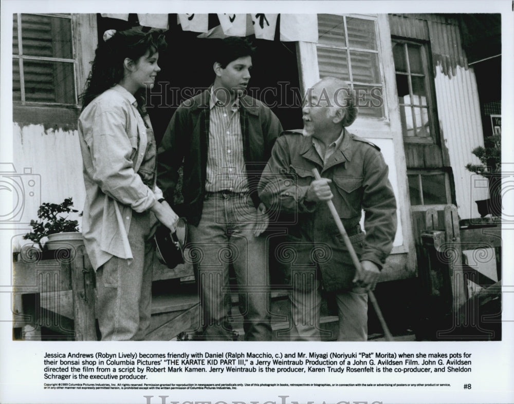 1989 Press Photo "The Karate Kid Part III" Ralph Macchio,Pat Morita,Robyn Lively - Historic Images