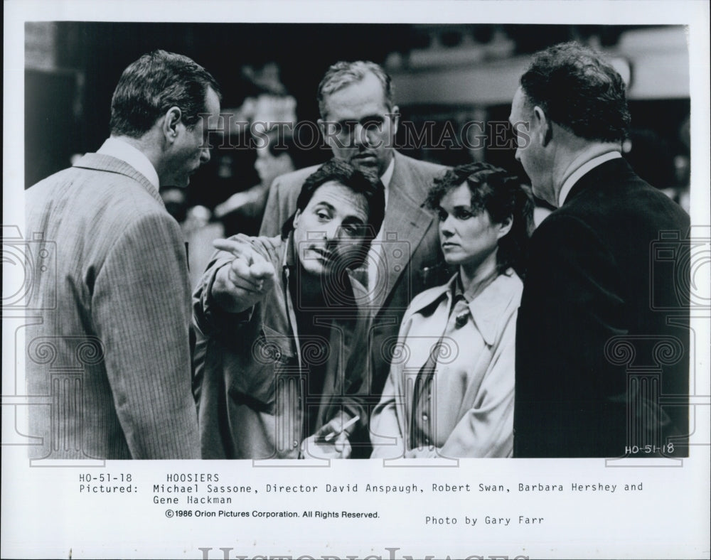 1986 Press Photo &quot;Hoosiers&quot; M Sassone,R Swan,B Hershey,Gene Hackman - DFPG74679 - Historic Images