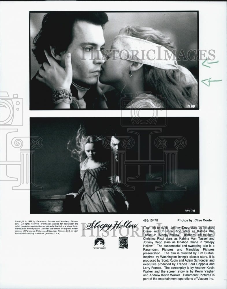 1999 Press Photo Actor Johnny Depp, Christina Ricci in "Sleepy Hollow" Film - Historic Images