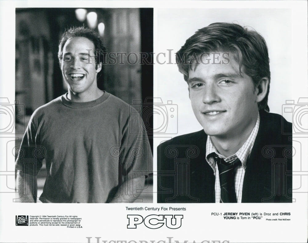 1994 Press Photo Actor Jeremy Piven, Chris Young in "PCU" Film - Historic Images