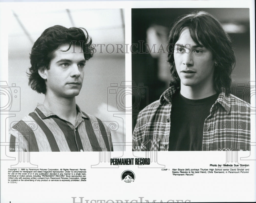 1988 Press Photo Alan Boyce, Keanu Reeves "Permanent Record" - Historic Images