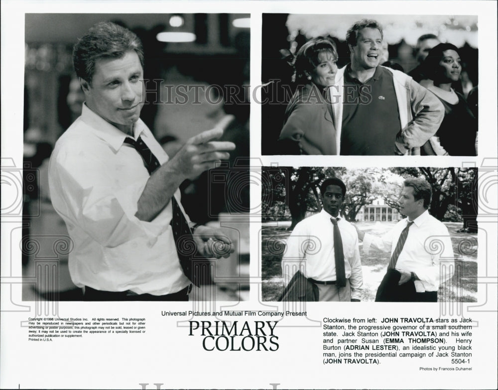 1998 Press Photo John Travolta, Emma Thompson, Adrian Lester In "Primary Colors" - Historic Images