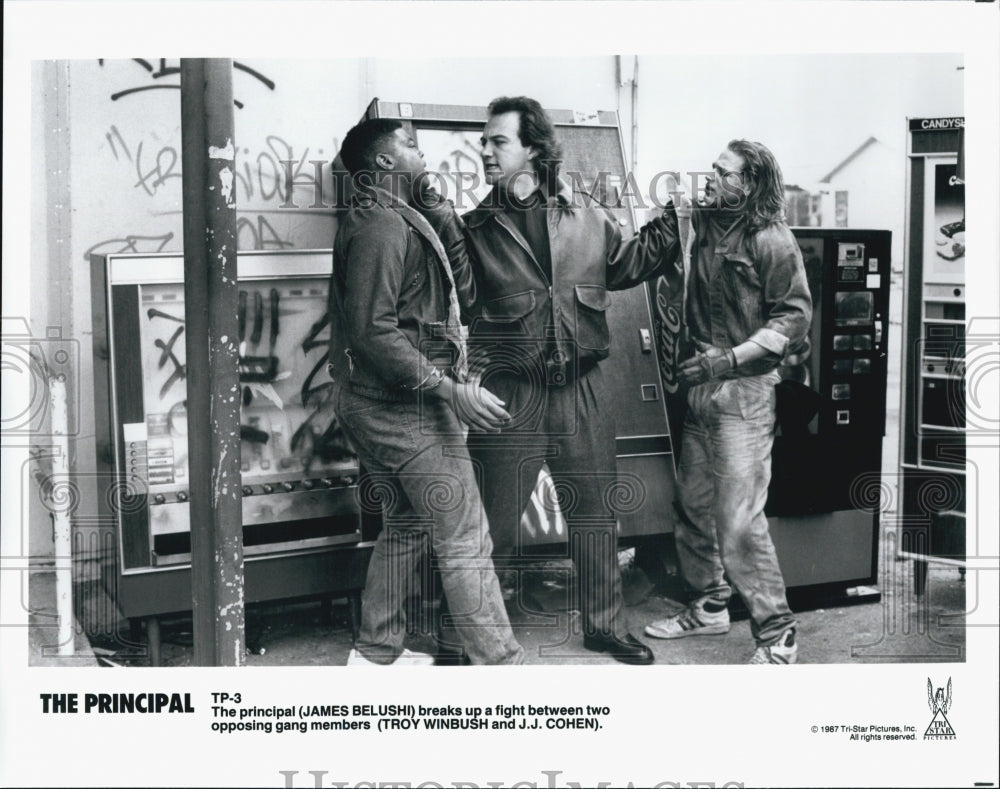 1987 Press Photo James Belushi, Troy Winbush & J. J. Cohen In "The Principal" - Historic Images