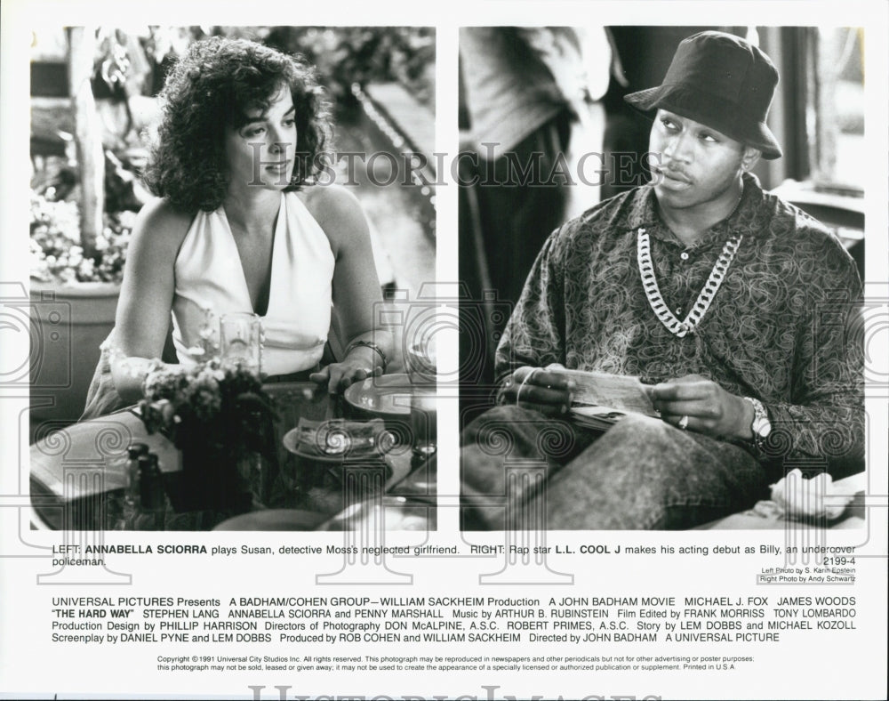 1991 Press Photo Actress Annabella Sciorra, LL Cool J in "The Hard Way" Film - Historic Images