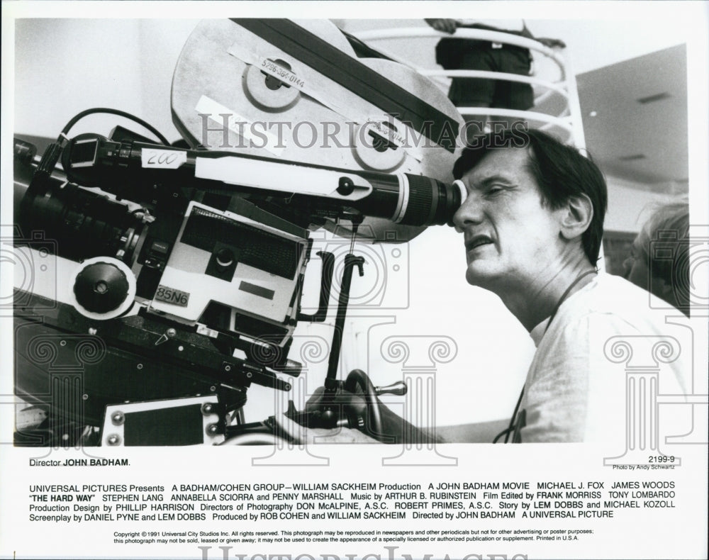 1991 Press Photo "The Hard Way" Director, John Badham on set - Historic Images