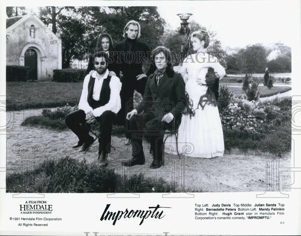 1991 Press Photo Actress Judy Davis, Julian Sands, Bernadette Peters &quot;Impromptu&quot; - Historic Images